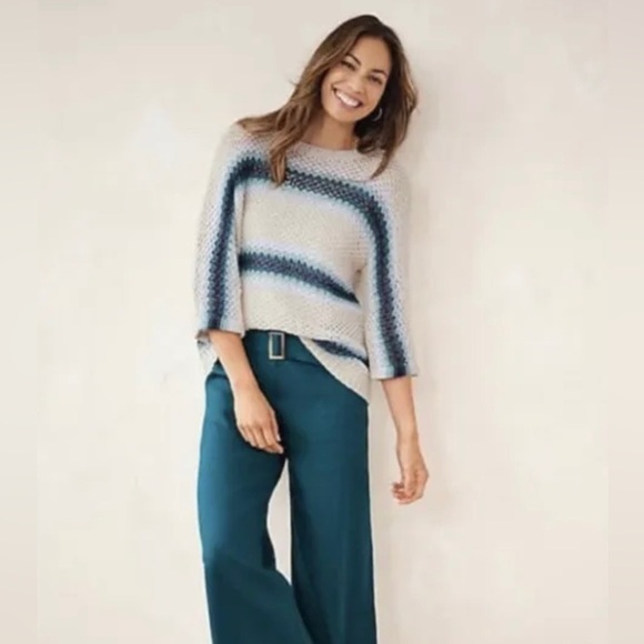 J. Jill Loose Knit Dolman 3/4 Sleeve Sweater Linen Blend Striped Blue Beige - Picture 2 of 12